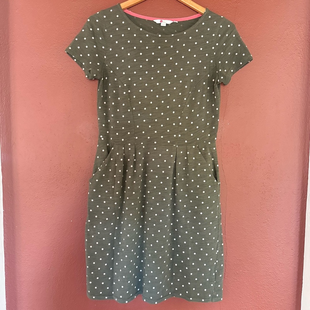 Boden Phoebe Olive Green & White Polka Dot Midi Dress Pockets 4P Petite Preppy